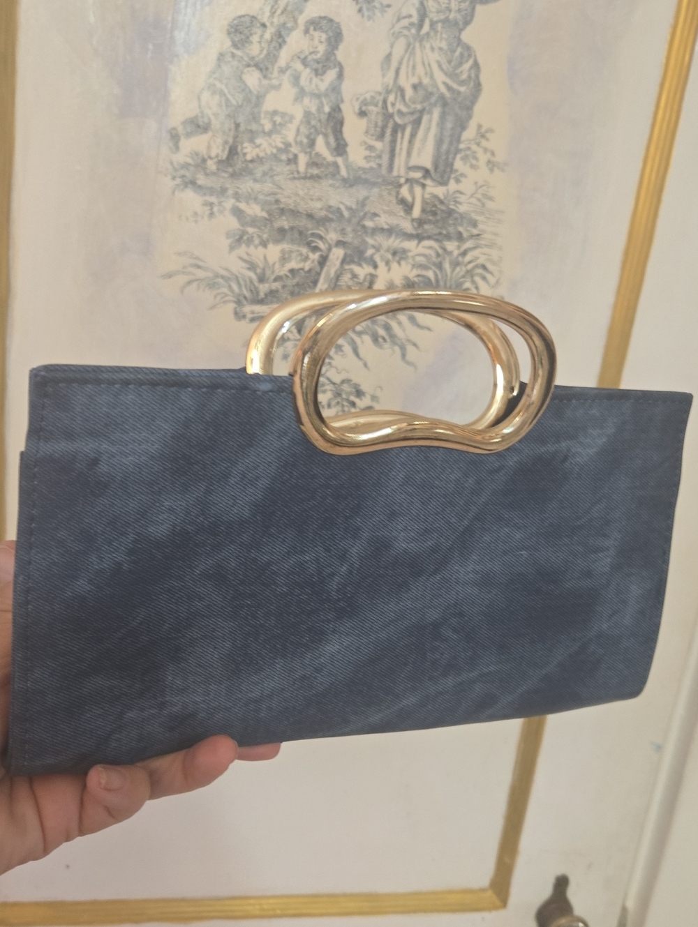 Elegant Blue Suede Handbag with Gold Handle